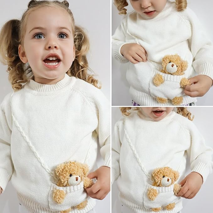 Simplee kids Baby Girl Knit Sweater with Bear in The Pocket Toddler Pullover Sweater Cute Fall Winter Clothes