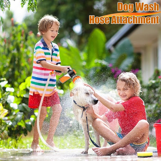 8 in 1 Garden Hose Nozzle Sprayer, Upgrade Dog Wash Hose Attachment with 3.5OZ/100CC Soap Dispenser Bottle and Dog Shower Brush, Ideal for Watering Flowers, Car Washing, Dog and Horse Bathing