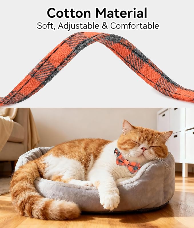 Joytale Upgraded Cat Collar with Bells, Breakaway Cat Collars with Bow Tie, 1 Pack Girl Boy Safety Plaid Kitten Collars, Orange