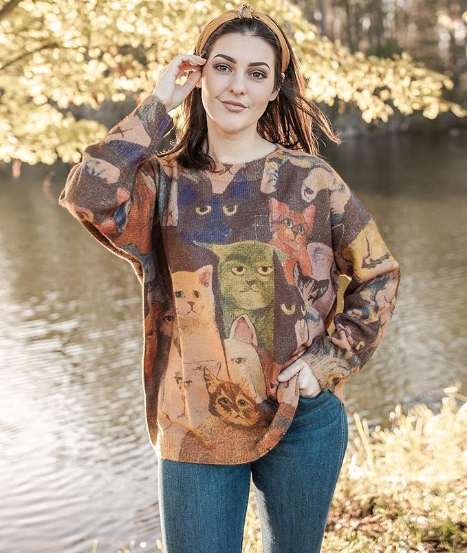 YESNO Women Christmas Sweater Graphic Printed Oversized Pullover Sweaters Casual Loose Knit Tops S01