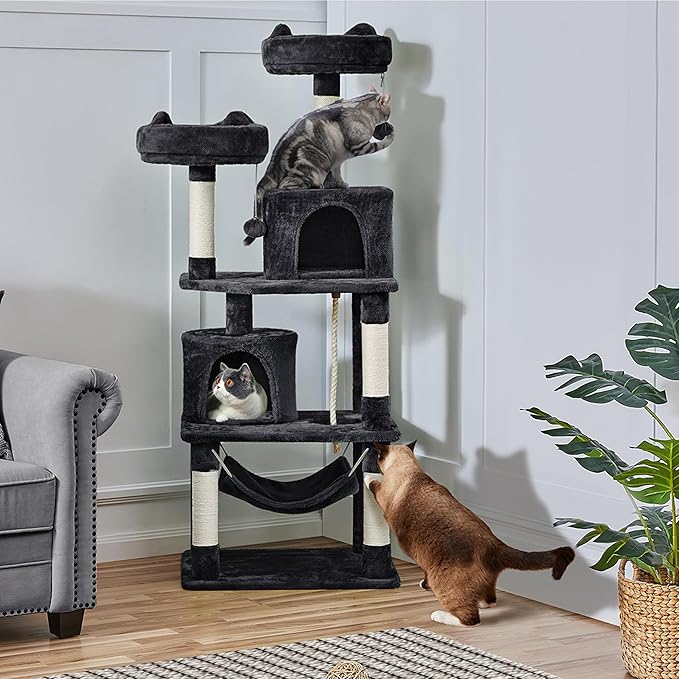 Topeakmart 62.2 inches Cat Tree, Cat Tower w/Double Condos, Scratching Posts & Hammock, Cat Activity Tree Kitten Play House, Black