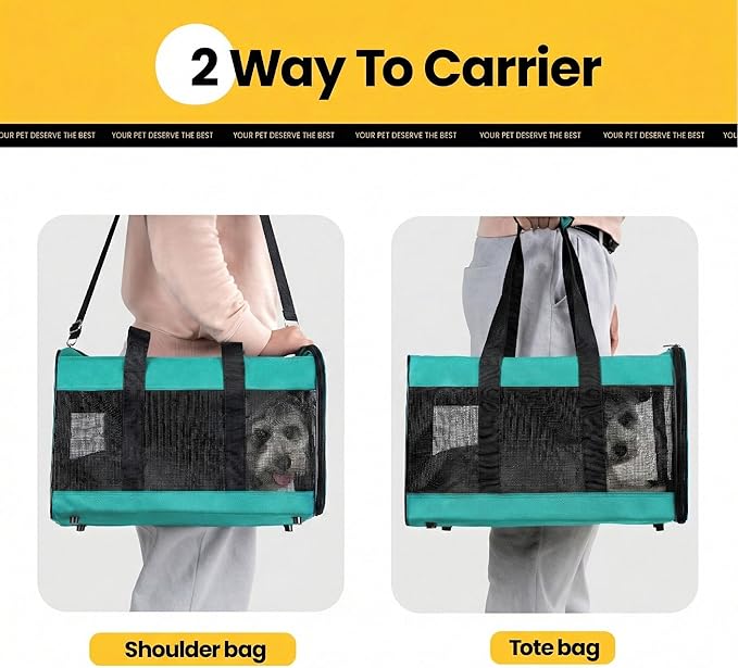 Cat Carrier Airline Approved, Soft-Sided Dog Carrier with Inner Safety Leash, Pet Transport Carrier for Small-Medium Cats Puppies up to 15 Lbs,Travel Kitten Carrier Bag -Turquoise,M