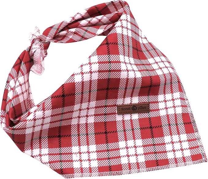Lionet Paws Christmas Dog Bandana Washable Cotton Handkerchief Scarf Triangle Bandana for Small Medium Large Dogs Red Grid