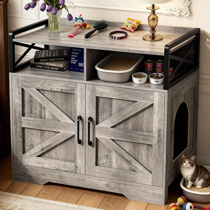 Cat Litter Box Enclosure Furniture - Hidden Litter Box Cabinet with Scratch Pad & Odor Control | Farmhouse Style End Table for Cats | Discreet Cat Washroom for Living Room & Bedroom Grey