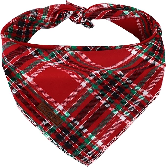 Lionet Paws Christmas Dog Bandana Washable Cotton Handkerchief Scarf Triangle Red Plaid Dog Bandanas for Medium Large Dogs Girl Boy