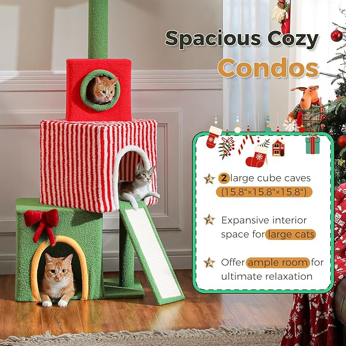 PETEPELA 83-108'' Floor to Ceiling Christmas Cat Tree for Large Indoor Cats, Tall Cat Tower with Adjustable Height with 3 Large Cat Condos, Cozy Hammock, Scratching Posts, Green/Red