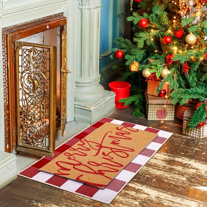 Tinideya 2 Pcs Door Mat Welcome Non Slip Coir Mats Floor Layering Doormats Seasonal for Front Porch Entryway Decor (23.6 x 35.4 Inches, Red White Plaid, Red White)