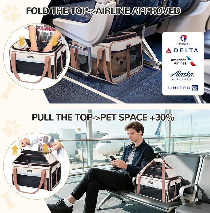 Lekereise Top-Expandable Pet Carrier 17x11x9.5 Inch Alaska Hawaiian Airline Approved Soft Sided Underseat to 12lbs Travel Carriers for Small Cats and Dogs with Locking Safety Zippers Anti-Scratch Mesh