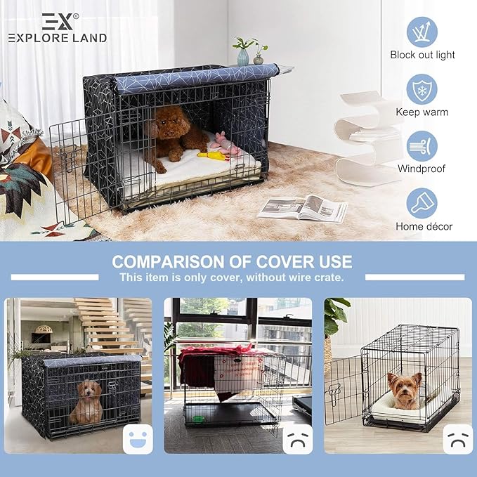 Explore Land Pattern Dog Crate Cover for 18 Inches Wire Cage, Heavy-Duty Polyester 1 2 3 Doors Standard Metal Pet Kennel Enclosure (Brief Polygonal)