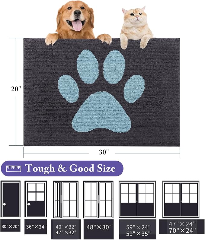 Buganda Dog Door Mat for Muddy Paws, Absorbent Dirt Trapper Non Slip Indoor Doormats, Washable Low-Profile Mat for Mud Dogs, Entryway Carpet for Inside Floor (30x20 Inches, Dark Grey and Blue)