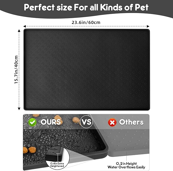 Silicone Dog Dish Mat for Food and Water - 23.6" *15.7" Waterproof Slip Pet Feeding Mat with Raised Edges to Prevent Messes on Floor (Black)