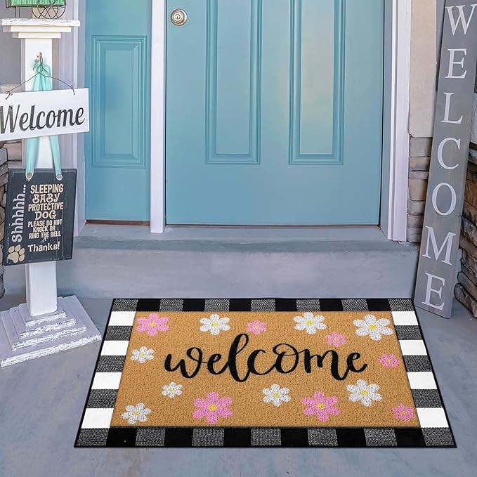 Tinideya 2 Pcs Spring Welcome Door Mat Outdoor Pink Flower Doormats for Front Door Non Slip Floral Layered Coir Mat Black White Check Spring Rug for Outside Front Porch Entryway Decor