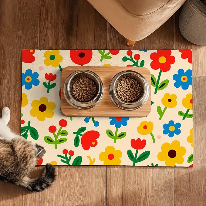 Pet Feeding Mat 24x16 inch Colorful Flower Print Pet Bowl Placemat Non Slip Floor Mat for Food and Water Indoor Pet Feeding Station Cute Meal Pad for Small Cats and Dogs Kitchen Use