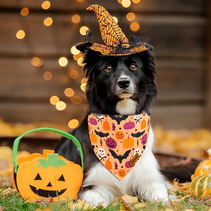 Halloween Dog Bandanas - 2 Pack Purple Dog Bandana with Snap Button | Reversible Pet Scarf for Boy & Girl | Premium Durable Fabric | Holiday Bandana for Medium and Large Dogs (Large)