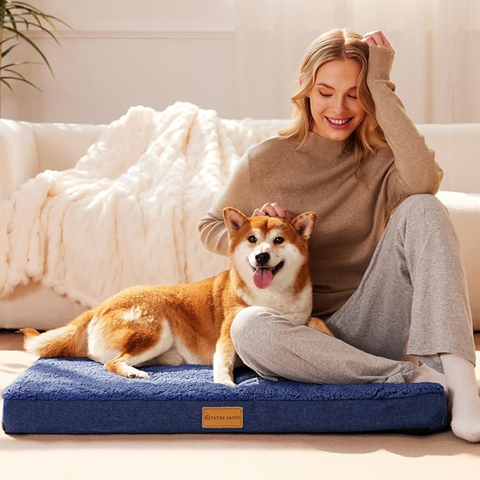 Patas Lague Orthopedic Jumbo Dog Bed for Large Sized Dog 56''X40'', Soft Waterproof Egg Crate Foam Large Pet Crate Beds Mat with Removable Washable Cover and Non-Slip Bottom, Navy Blue
