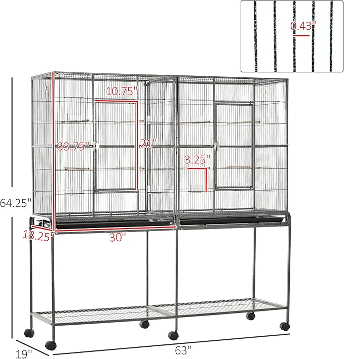 PawHut 65" Double Rolling Metal Bird Cage with Divider, Large Parrot Cage for Parakeet, Canaries, Lovebirds, Budgie, Finch, with Detachable Rolling Stand, Storage Shelf, Wood Perch & Food Container