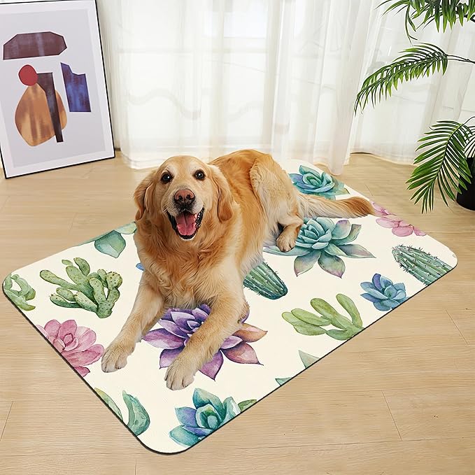 Cactus Flower Pet Feeding Mat for Floors–Christmas Stocking Absorbent Quick Dry Dog Cat Bowl Mat for Food and Water, Non Slip Waterproof Base, Mess-Free Feeding Accessories 12"x20"