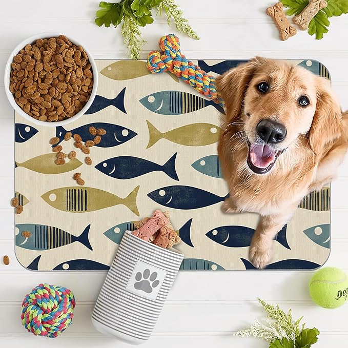 Fish Boho Dog Food Mat for Floors,Ocean Absorbent Quick-Dry Pet Feeding Mat,Cat Dog Bowl Mats for Food and Water,Non-Slip Pet Accessories Supplies 12"x20"