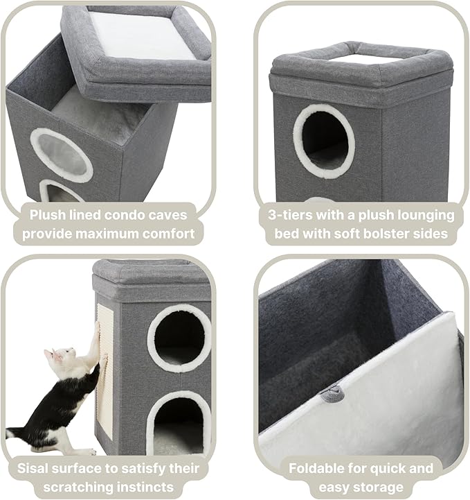 Trixie Saul Cat Condo | 2-Story Condo Tower | Scratching Surface | Foldable for Easy Storage | Gray