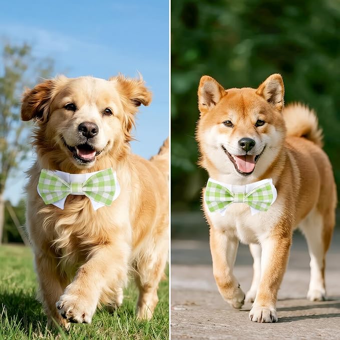Segarty Dog Bow Tie, Adjustable Green Plaid Bowtie Collar for Neck Girth 10.2-12.6in, Medium Pet Tie Tuxedo Comfortable Cotton Boy Pet Grooming Accessory for Formal Wedding Holiday Birthday Party