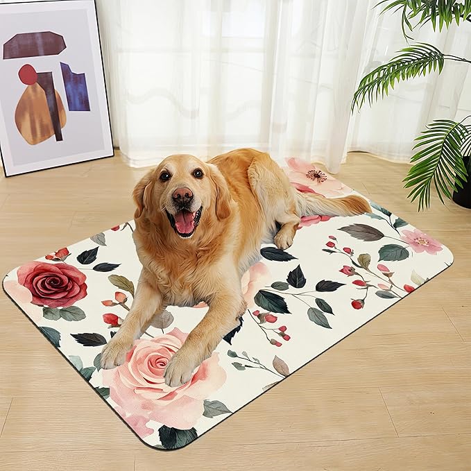Pink Flower Leaf Pet Feeding Mat–Christmas Stocking Quick Dry Absorbent Dog Cat Food Mat, Non Slip Waterproof Bowl Placemat for Messy Eaters, Pet Accessories for Floors 16"x24"