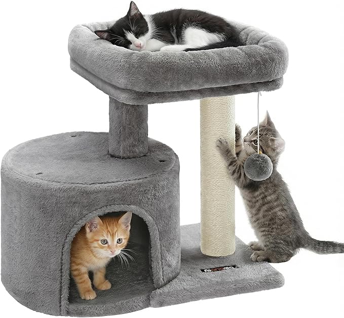 Feandrea Cat Tree, Small Cat Tower with Sisal Scratching Post, Plush Condo with Padded Perch, for Small Spaces, Kittens, Light Gray UPCT50W