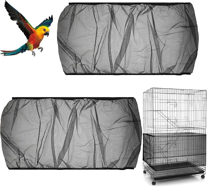 2PCS Bird Cage Cover, Bird Cage Seed Catcher, Birdcage Cover Skirt, Airy Nylon Guard Net for Parrot Parakeet Macaw Round Square Cages (Black, 110-220 cm/43.31-86.61 in)