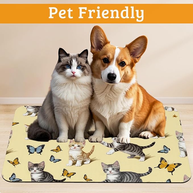 Dog Bowl Mat,Cute Cats Pet Feeding Mat for Floors Waterproof,Butterfly Absorbent Dogs Placemat for Food and Water Quick Dry Pet Cat Feeding Mats with Non Slip Bottom 12" x 20"