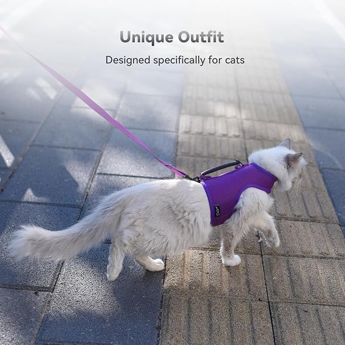 Cat Harness and Leash for Walking Escape Proof Breathable Mesh Fabric, Purple, Extra Large, Adjustable Cat Walking Jackets with Handle, Padded Stylish Cat Vest