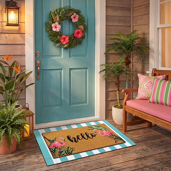 Tinideya 2 Pcs Summer Door Mat Flamingo Welcome Non Slip Coir Hello Mats Floor Layering Doormats Seasonal for Front Porch Entryway Decor(Brown Green White,Hello Flamingo)