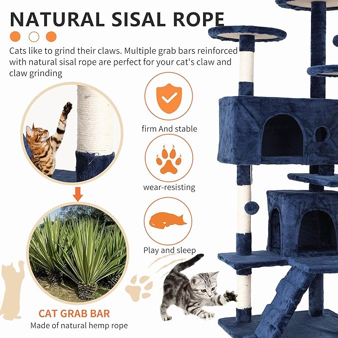 Cat Tree for Indoor Cats, Multi-Level Cat Tower with Scratching Posts & Cozy Condo, Space Saving Cat Activity Center, Durable Pet Play House (54in,Navy Blue)