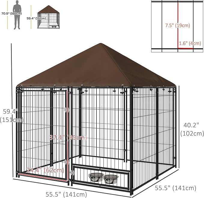 PawHut Outside Dog Kennel, 4.6' x 4.6' x 5' Puppy Play Pen with Canopy, Garden Playpen Fence Crate Enclosure Cage Rotating Bowl, for Dogs, Chickens, Ducks, Black