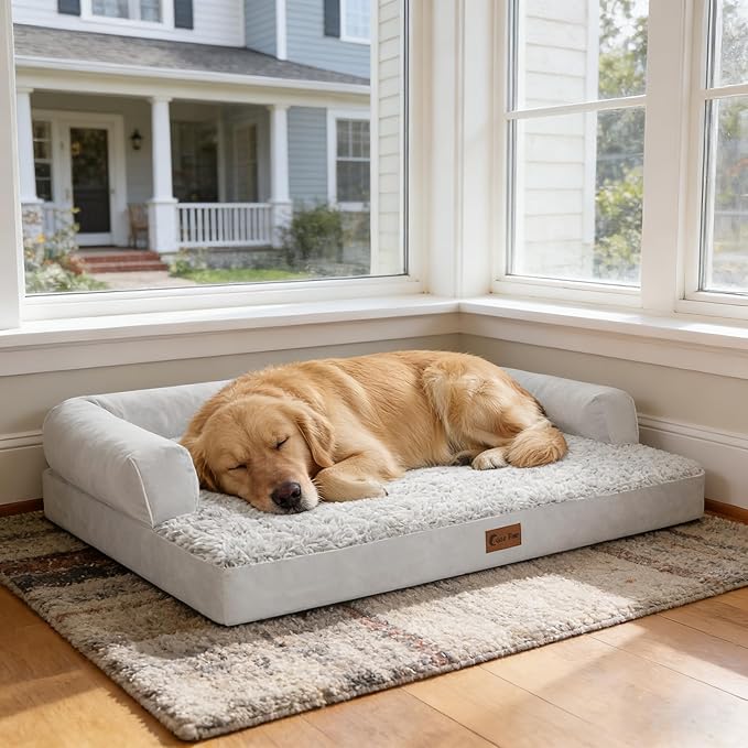 Orthopedic Dog Beds for Large Sized Dogs, Waterproof Egg Crate Foam Medium Dog Couch Beds for Crate 35x22Inch, Washable Pet Beds with Removable Cover and Nonskid Bottom, Grey White
