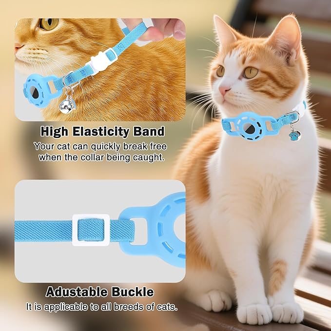 Airtag Cat Collar Breakaway, Stretchy Cat Tracker Collar with Apple Air Tag Holder for Boy Girl Cats, Elastic GPS Tracking Collars for Kittens and Puppies, Adjustable 9"-12" Blue