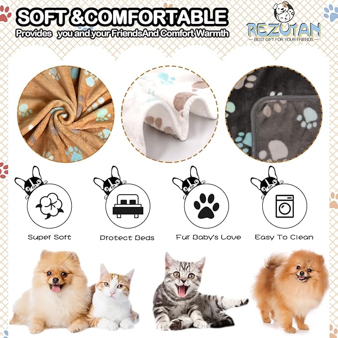 Rezutan Small Dog Blankets 3 Pack for Pet Cat Soft Fuzzy Washable Puppy Blankets, Reversible Paw Print Suitable for Dog Kennels & Beds Sofas Gifts Puppy Essentials, 23x16 inch