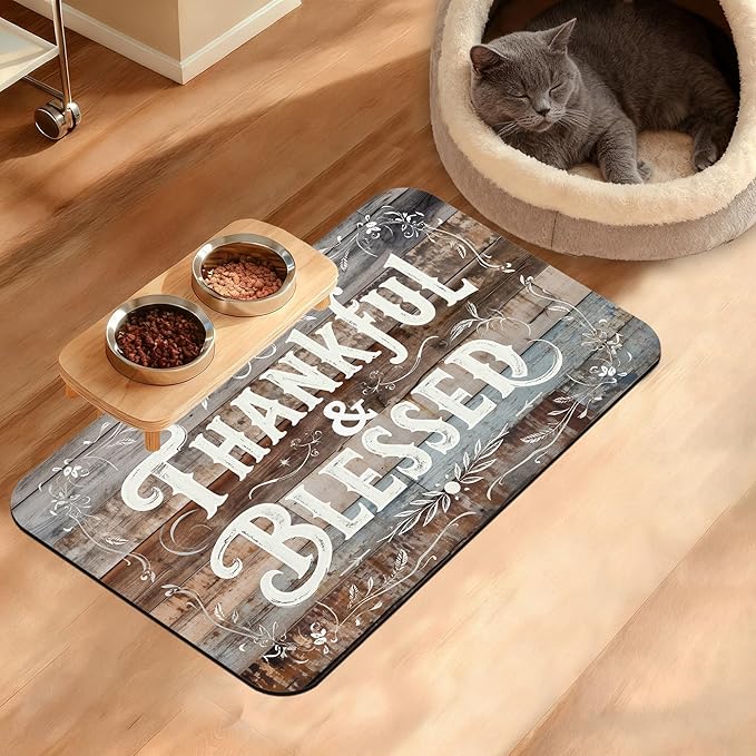 Thankful Feeding Mat,Blessed Absorbent Quick-Dry Cat Dog Food and Water Bowl Mats,Non-Slip Rubber Backing Mat,Cat Dog Accessories Supplies 12" x 20"