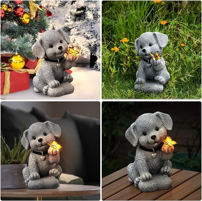 Solar Dog Garden Statue with Lantern Light – 8.2in Outdoor Dog Figurine for Women, Mom, Grandma,Garden Gifts，Home Decoration with Butterfly