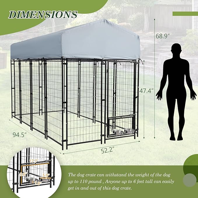 Grepatio Outdoor Dog Kennel for Large Dogs, 8x4x5.7 FT Dog Enclosure with Waterproof, Heavy Duty Welded Wire Steel Dog Playpen Fence with 2 Rotating Dogs Bowls, Outside Dogs Cage Run with Secure Lock