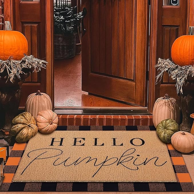 Tinideya 2 Pcs Door Mat Welcome Non Slip Coir Mats Floor Layering Doormats Seasonal for Front Porch Entryway Decor(Black Orange)