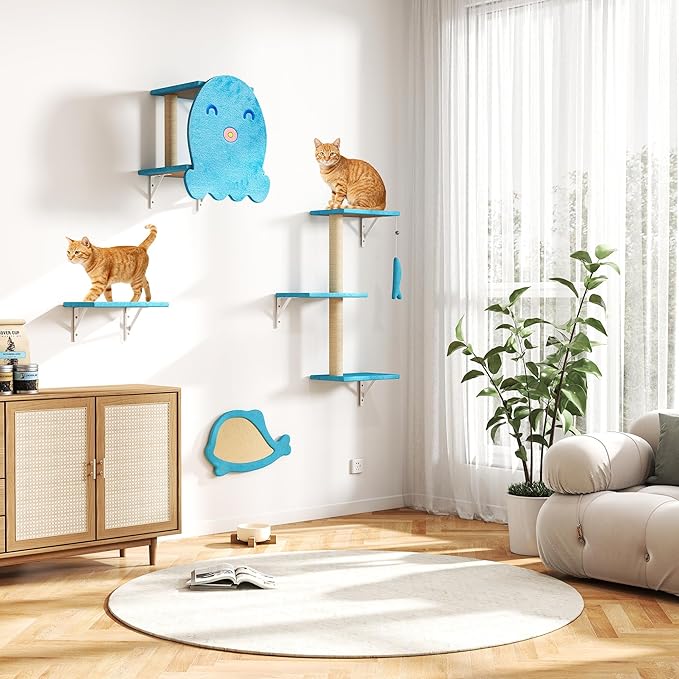 COZIWOW 4-Piece Wall-Mounted Cat Tree Set – Sturdy Wood Pet House, Scratching Board, Platforms, Sisal Posts & Blue Fish Charm – Ocean Blue