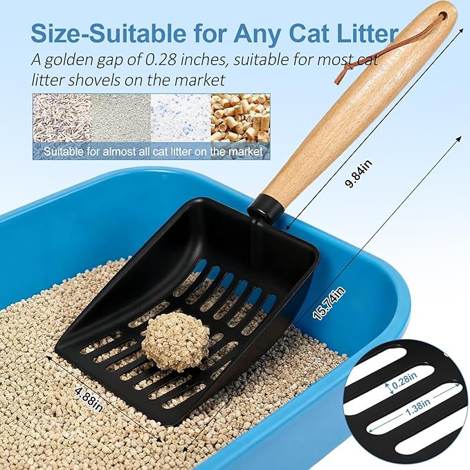 Cat Litter Scoop, Metal Litter Scoop, Heavy Duty Metal Cat Scooper for Litter Box, Black Sifter Scoop for Pellets, Wooden Handle Scoop with Hole, Kitty Necessity (9.8" Handle)