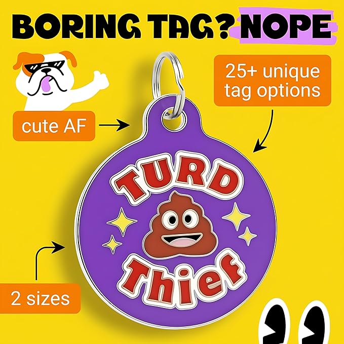 Bad Tags Personalized Dog and Cat ID Tags in 25+ Designs and 2 Sizes - 5 Lines of Custom Engraved Text - Funny Cute Personalized Pet Tags (Turd Thief, Large (1.25 inch))