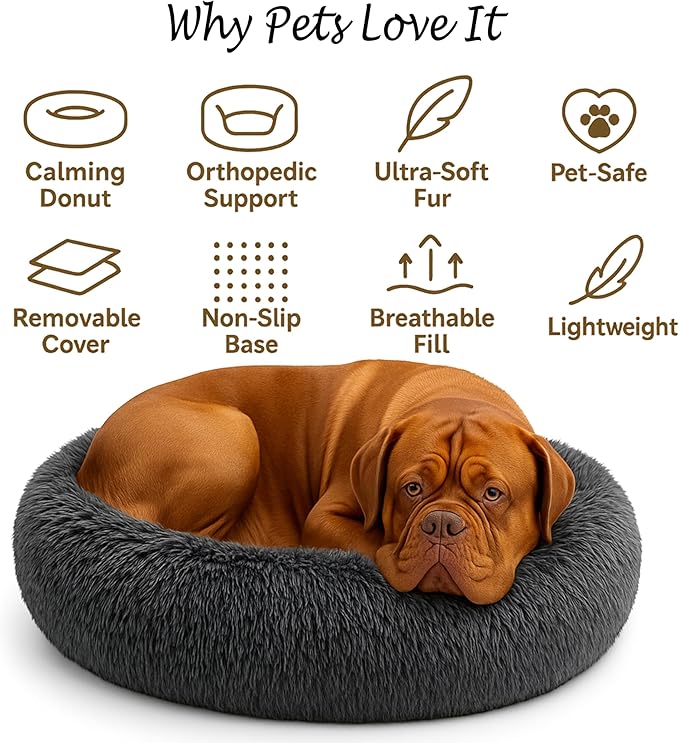 Calming Dog Bed - Fluffy Donut Cuddler for Anxiety Relief, Orthopedic Pet Bed with Non-Slip Bottom, Cozy Round Faux Fur Nest for Dogs and Cats, Plush Crate Mat for Comfort (Dark Grey, Medium)