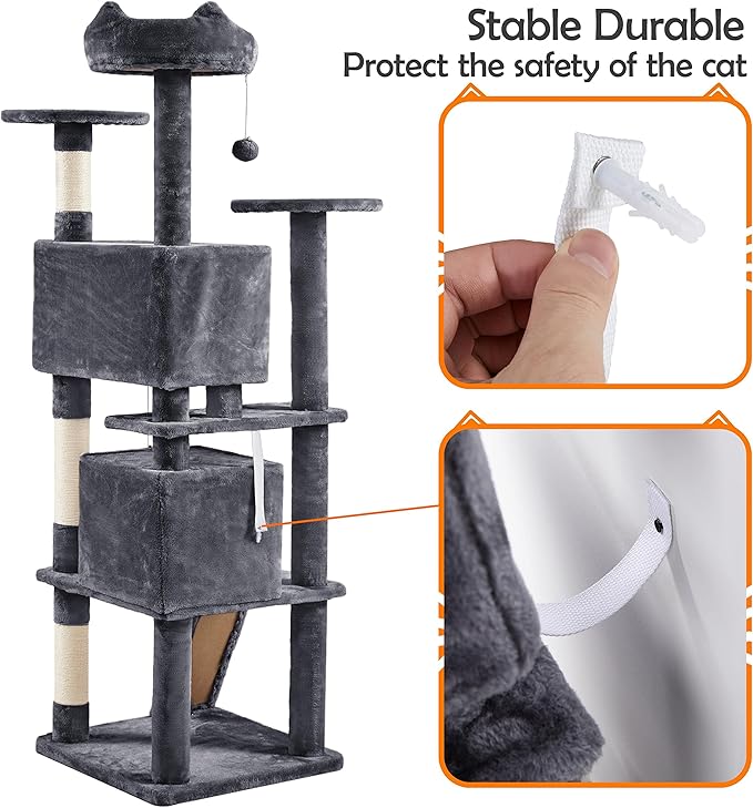 Yaheetech 62in Cat Tree Cat Tower for Indoor Kitty, Pet Furniture w/Double Condo, Scratching Posts, Multiple Platforms and Balls for Kittens, Dark Gray