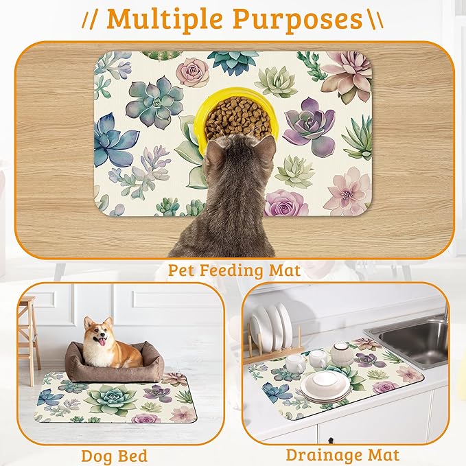 Dog Bowl Mat,Cactus Pet Feeding Mat for Floors Waterproof,Succulents Absorbent Dogs Placemat for Food and Water Quick Dry Pet Cat Feeding Mats with Non Slip Bottom 16" x 24"