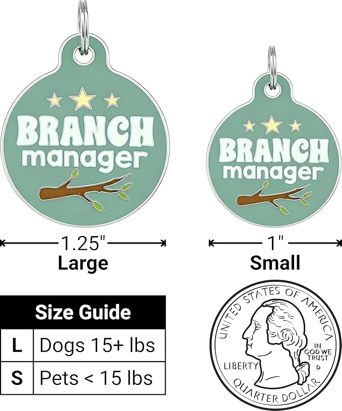 Bad Tags Personalized Dog and Cat ID Tags in 25+ Designs and 2 Sizes - 5 Lines of Custom Engraved Text - Funny Cute Personalized Pet Tags (Branch Manager, Large (1.25 inch))