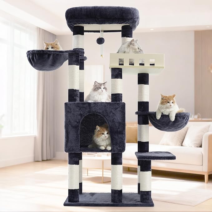 Cat Tree for Indoor Cats Large Adult, Heavy Duty Cat Tree for Large Cats 20 lbs+, Cat Condo with Big Wooden Perch, Cat Tower with 14 Scratching Posts, Hammock, Smoky Gray GCT023G