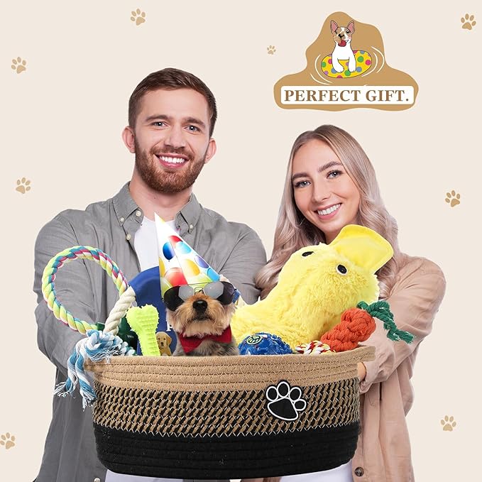 Zopeal Puppy Dog Toy Gift Storage Basket with Dog Toys Set Chew Toys Birthday Gift Basket Teething Interactive Squeaky Duck for Teething Small Medium Large Dogs(Black)