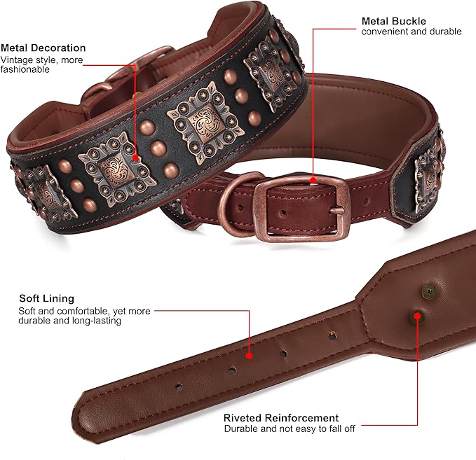 PET ARTIST Soft Padded Leather Dog Collar, 2 inch Wide Genuine Leather Dog Collars with Stylish Studded Rivet & Metal Buckle, Luxury & Adjustable Pet Collars for Medium Dogs,Black,Neck 16-19"