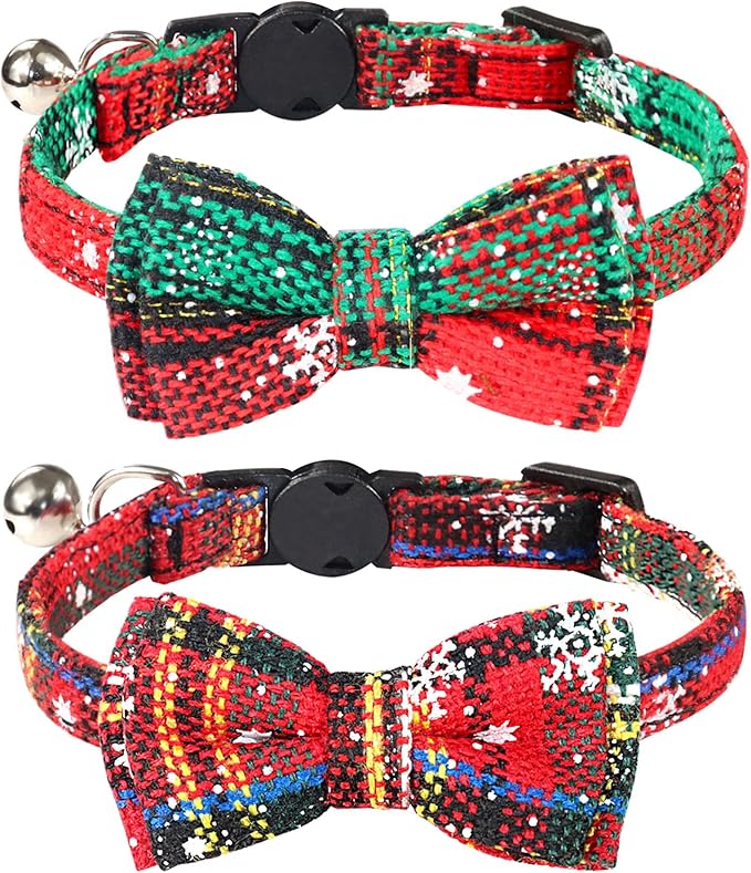 Joytale 2 Pack Christmas Cat Collar with Bells, Breakaway Cat Collars with Bow Tie, Girl Boy Safety Plaid Kitten Collars, Christmas Red+Green